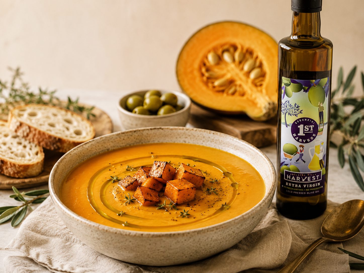 Roasted Pumpkin Soup with First Harvest EVOO