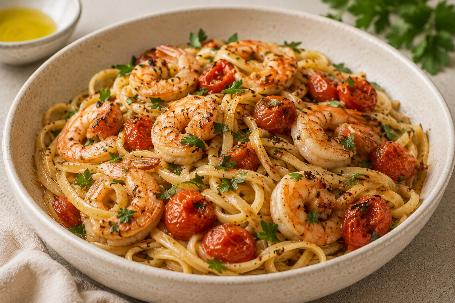 Garlic Prawn & Cherry Tomato Linguine