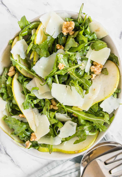Rocket, Pear & Parmesan Salad with Arbosana Extra Virgin Olive Oil