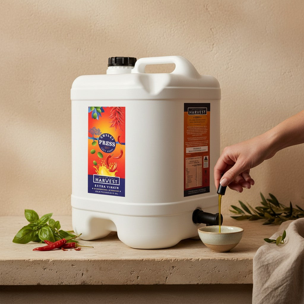 Adelaide Hills Harvest Chilli Press extra virgin olive oil in a 2L white plastic container being poured into a bowl.