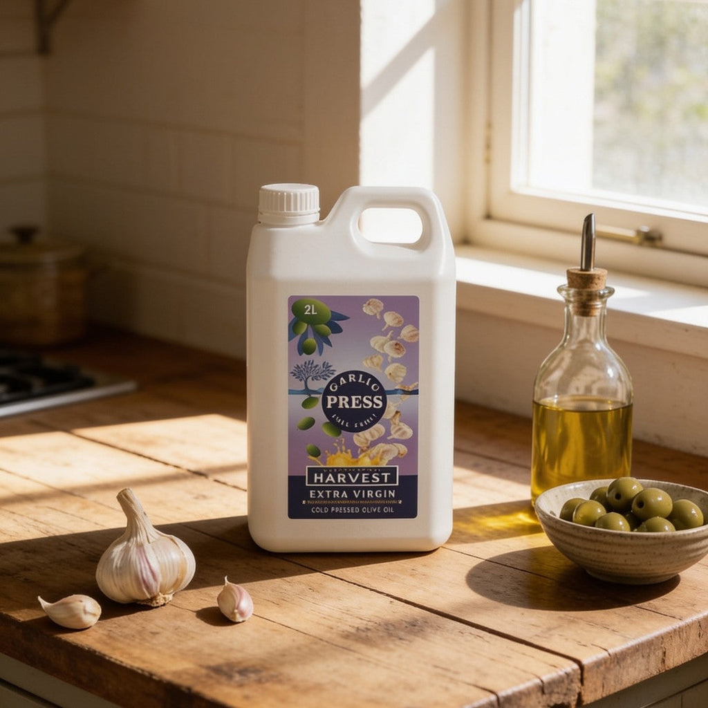 Adelaide Hills Harvest 2L bottle of cold-pressed garlic infused extra virgin olive oil on a rustic wooden kitchen table