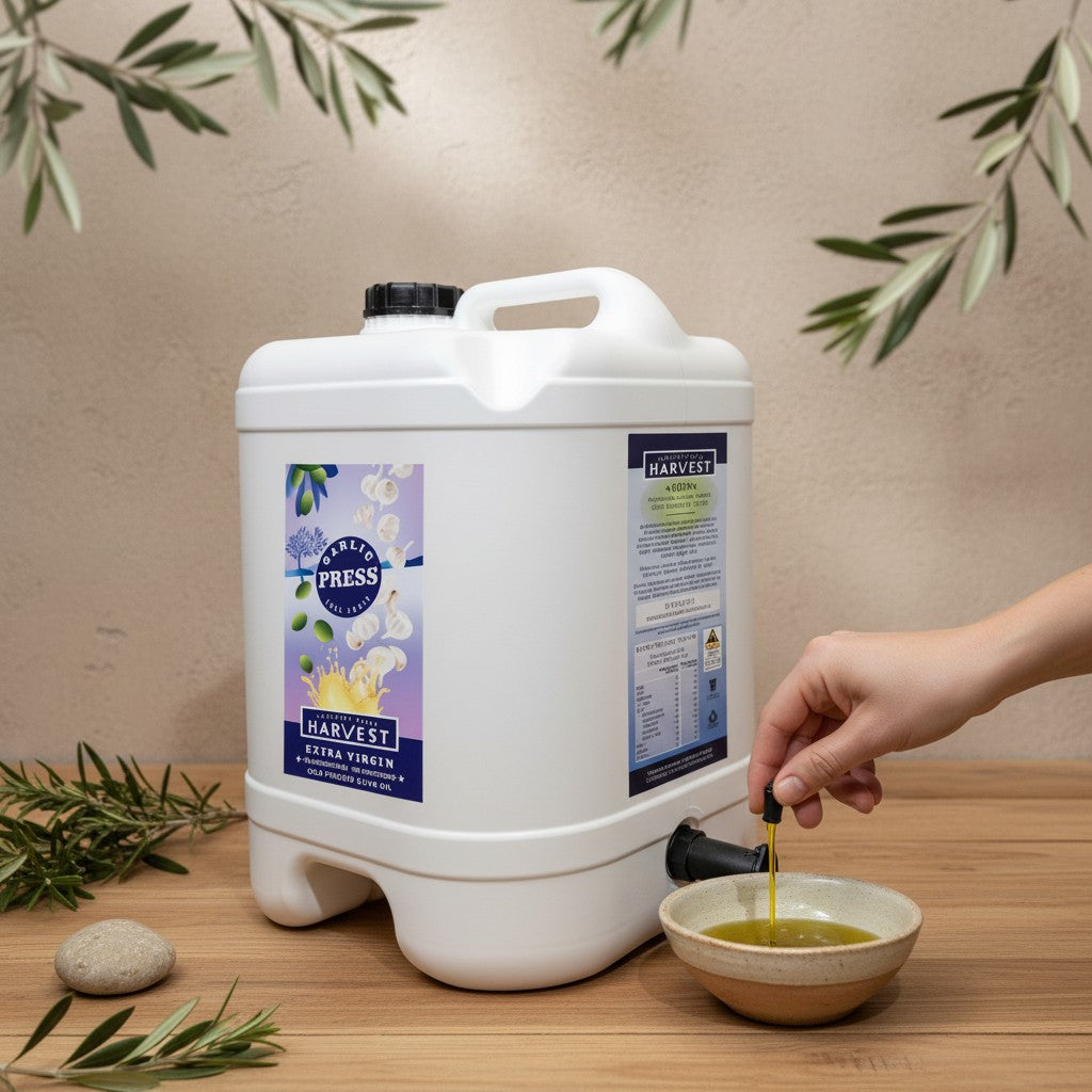 Adelaide Hills Harvest 2L garlic infused extra virgin olive oil in a white plastic drum with a tap on a wooden table.