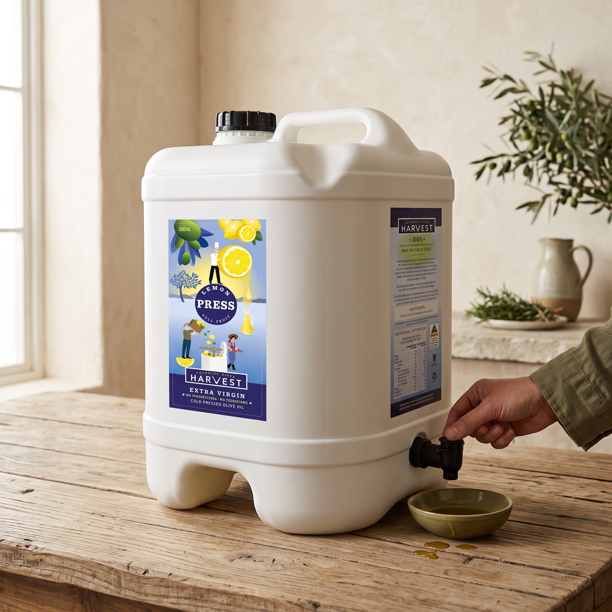 Adelaide Hills Harvest 20L drum of cold-pressed lemon-infused extra virgin olive oil with a tap on a wooden table.
