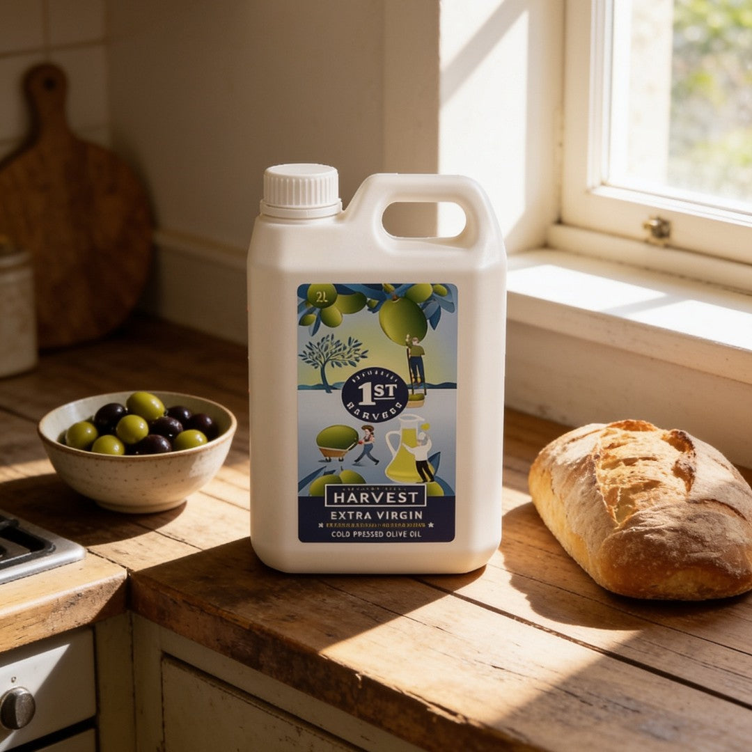 Adelaide Hills Harvest 2L bottle of premium cold-pressed extra virgin olive oil on a rustic kitchen counter.