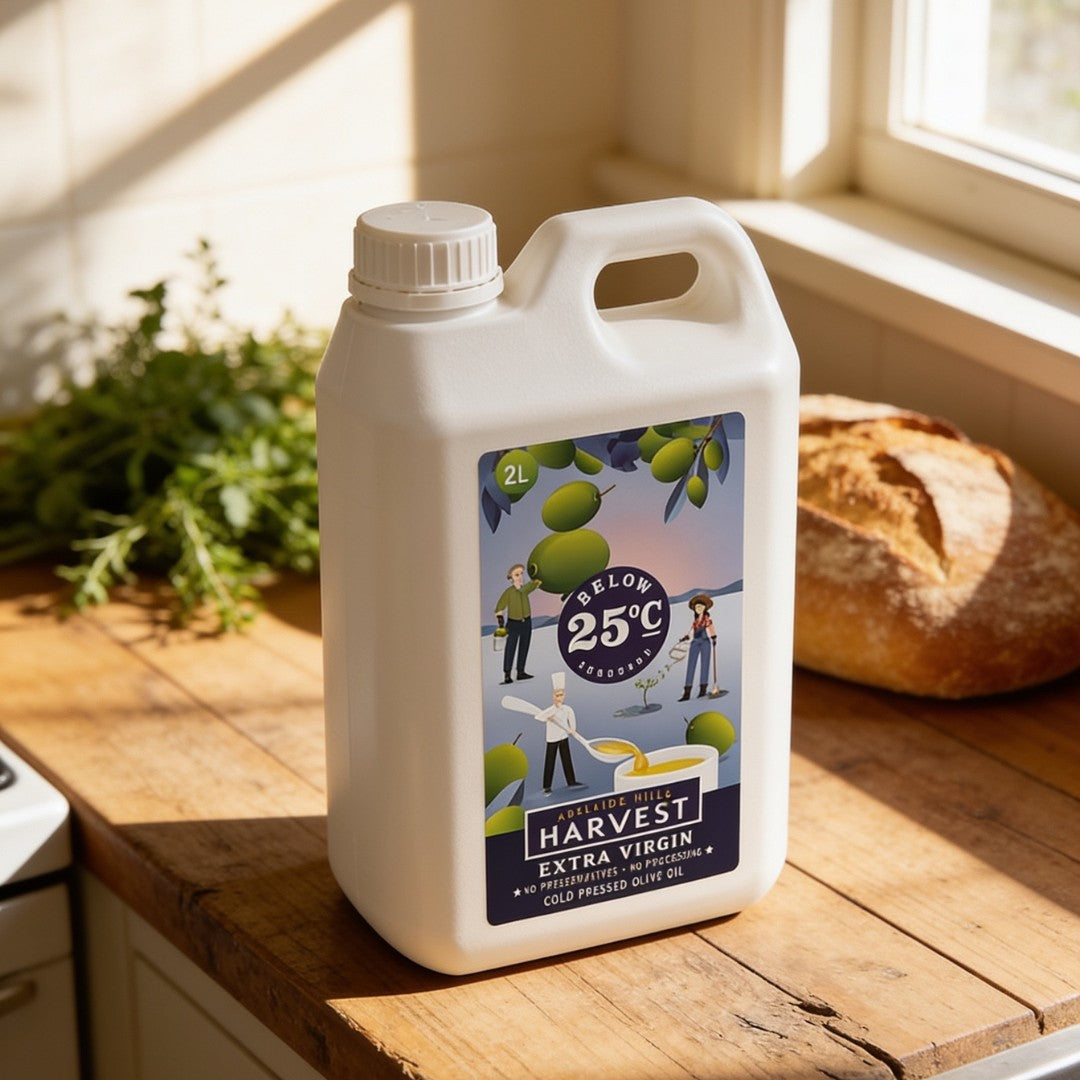 Adelaide Hills Harvest 2L container of cold-pressed extra virgin olive oil on a wooden kitchen counter.