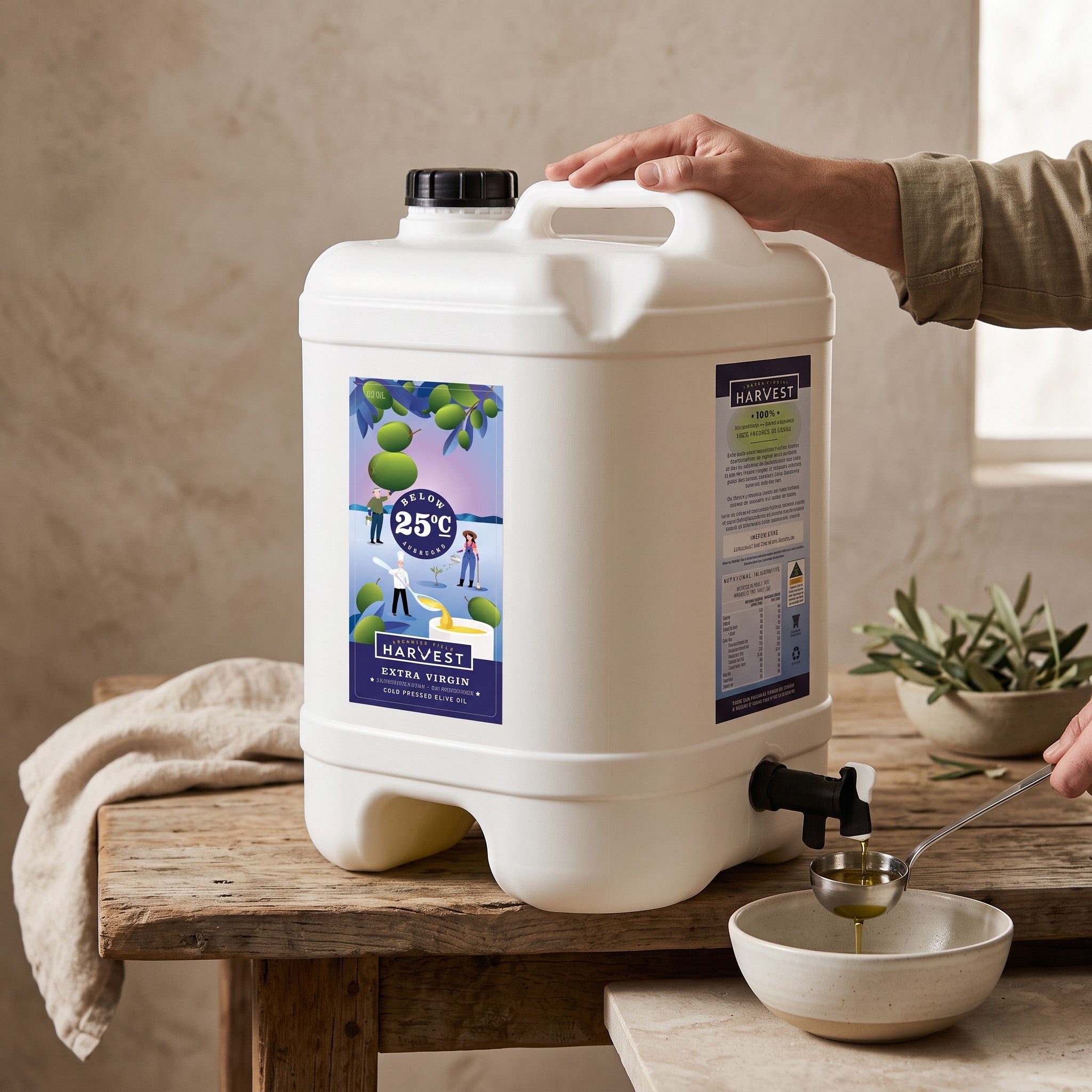 Adelaide Hills Harvest 20L drum of cold-pressed extra virgin olive oil being poured into a ceramic bowl on a table.