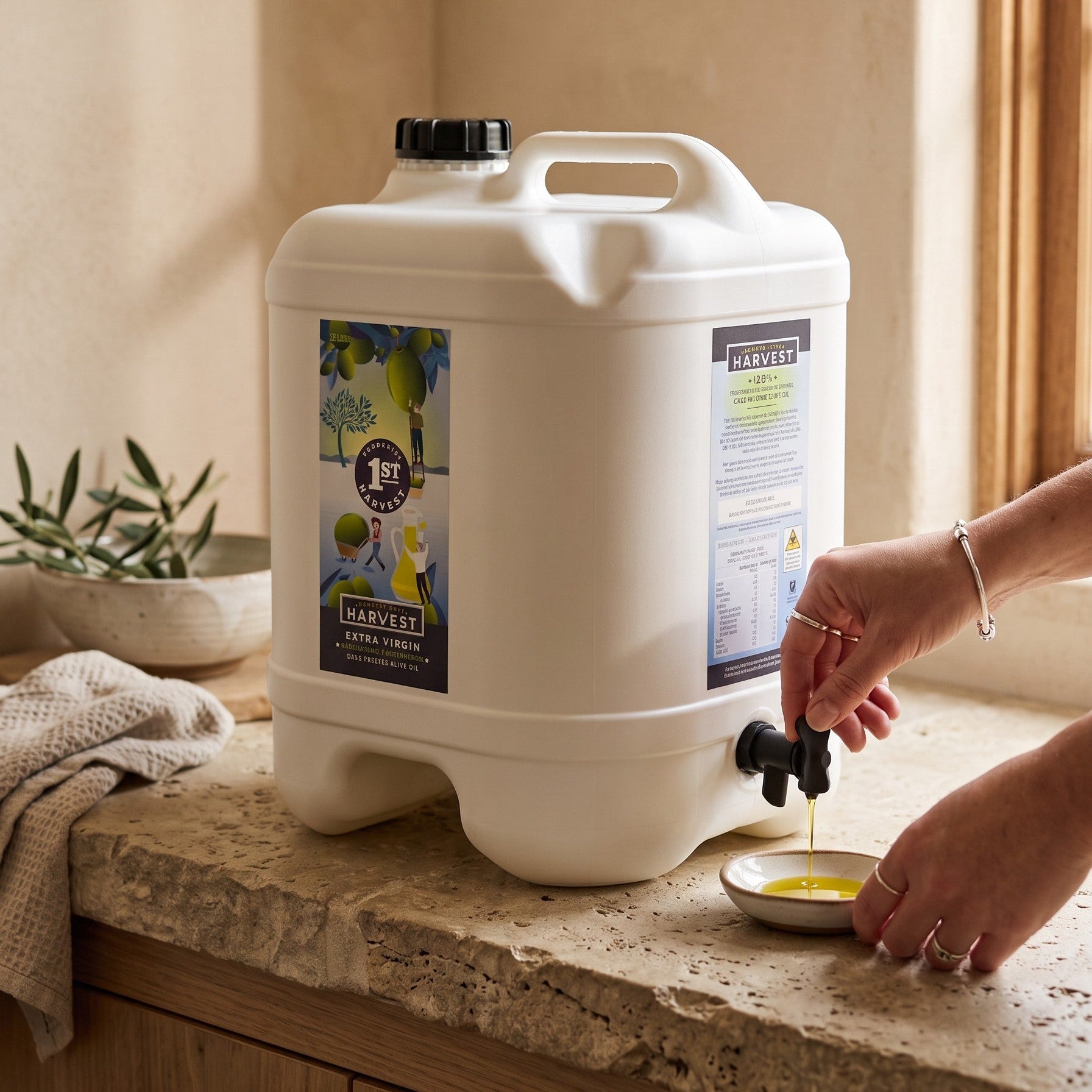 Adelaide Hills Harvest 2L white plastic drum of extra virgin olive oil being poured into a small ceramic bowl.