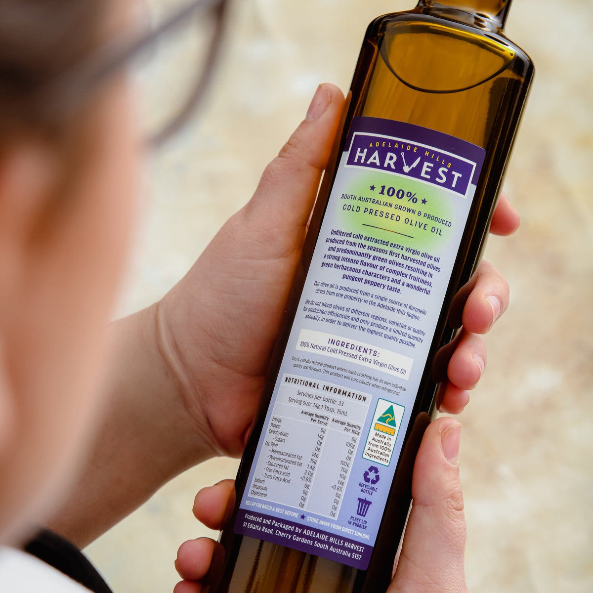 Adelaide Hills Harvest First Harvest extra virgin olive oil bottle label showing nutritional information and details