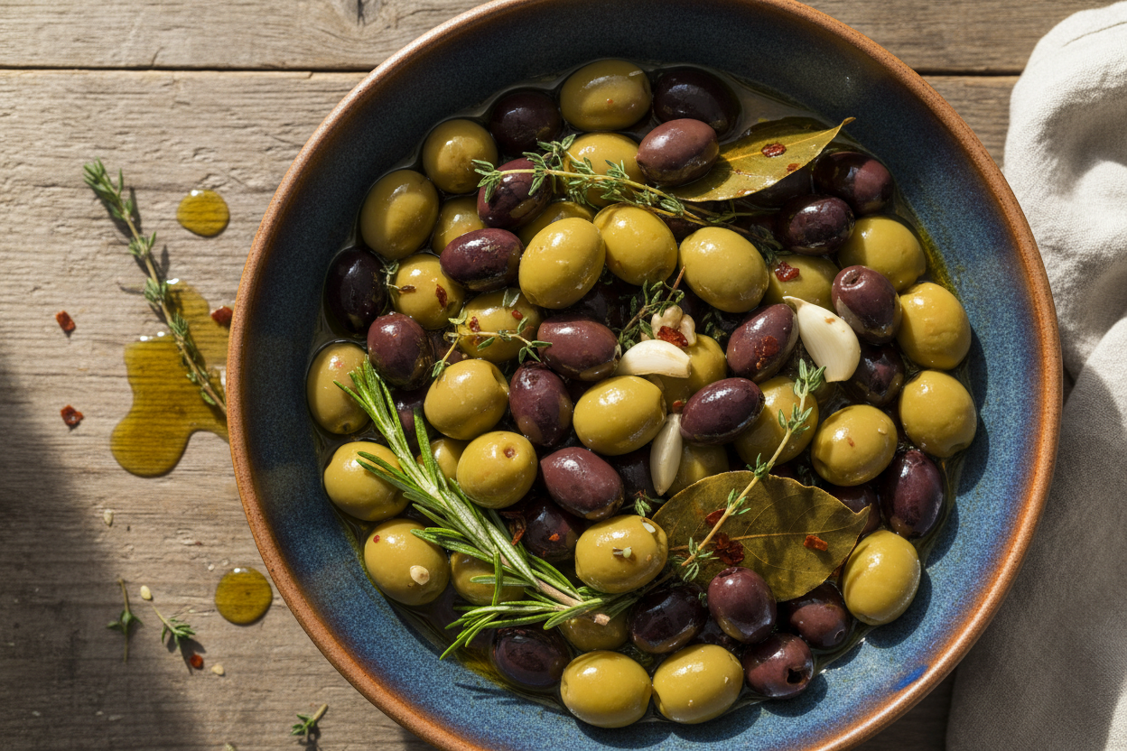 Marinated olives in oil