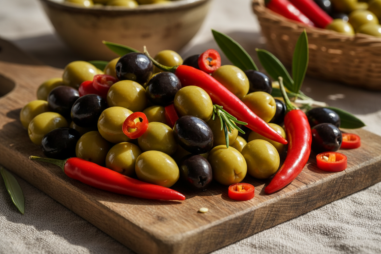 Olives and red chillis